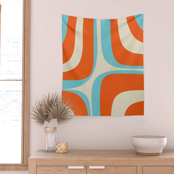 Mid Century Modern Retro Groove Modernist Abstract Pattern in Orange Blue Beige Wall Tapestry Gallery Image 2