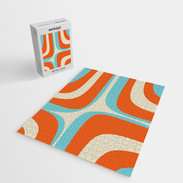 Mid Century Modern Retro Groove Modernist Abstract Pattern in Orange Blue Beige Jigsaw Puzzle Gallery Image 2