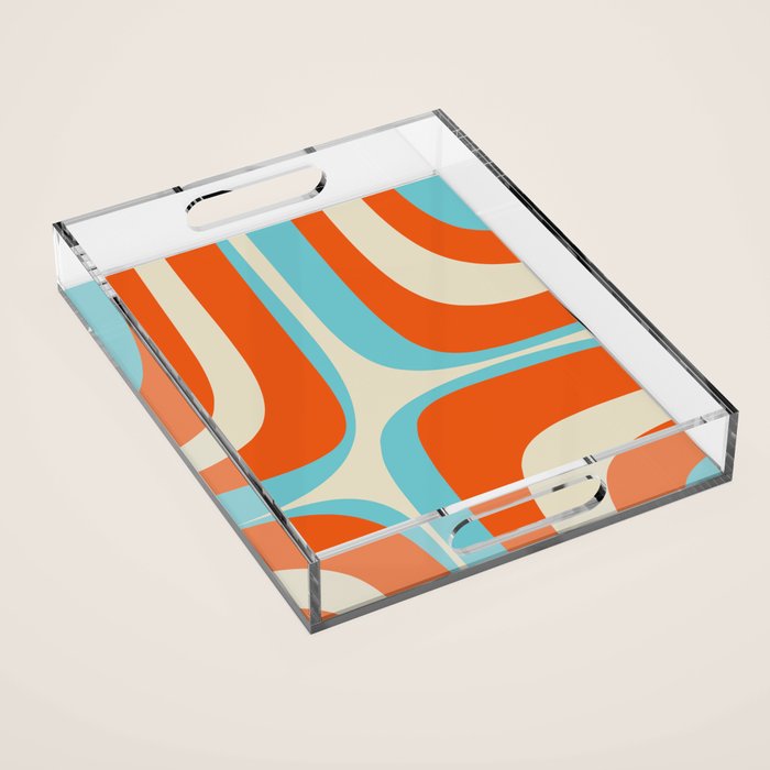 Mid Century Modern Retro Groove Modernist Abstract Pattern in Orange Blue Beige Acrylic Tray Gallery Image 1