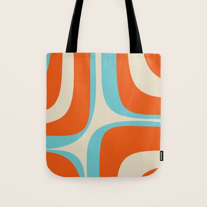 Mid Century Modern Retro Groove Modernist Abstract Pattern in Orange Blue Beige Tote Bag Gallery Image 1