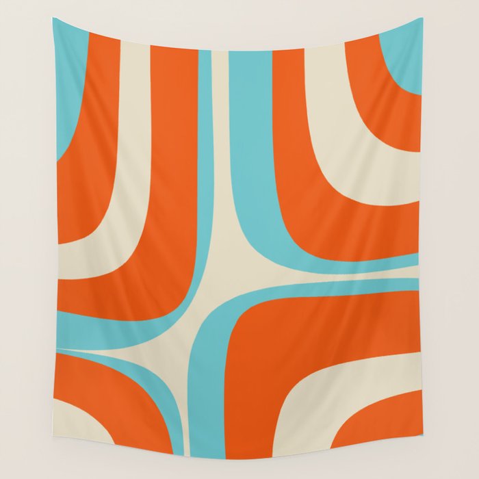 Mid Century Modern Retro Groove Modernist Abstract Pattern in Orange Blue Beige Wall Tapestry Gallery Image 1