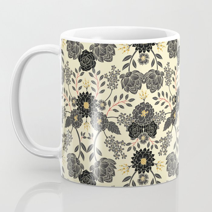 Gray, Black, Cream, Yellow & Red Sophisticated Floral Pattern Coffee Mug Gallery Image 3