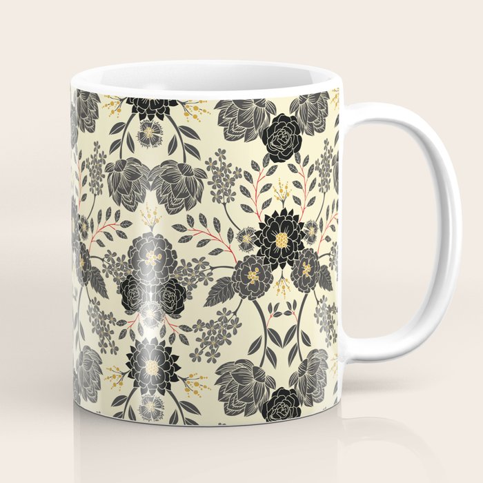 Gray, Black, Cream, Yellow & Red Sophisticated Floral Pattern Coffee Mug Gallery Image 1