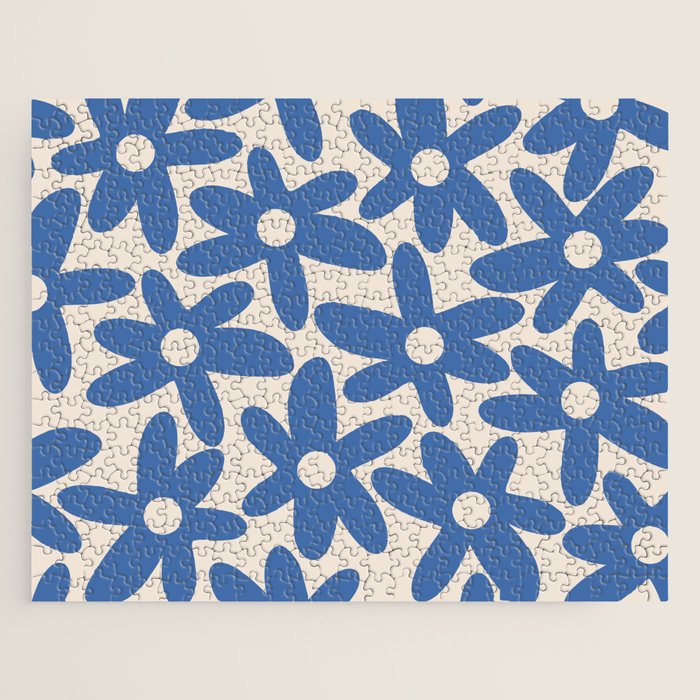 Blue Daisy Time Cute Retro Floral Pattern Jigsaw Puzzle Gallery Image 1