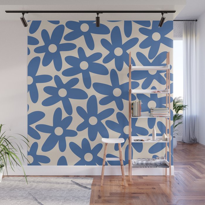 Blue Daisy Time Cute Retro Floral Pattern Wall Mural Gallery Image 1
