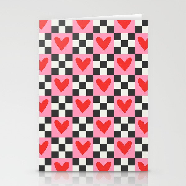 Red love heart checkered pattern Stationery Card Gallery Image 1
