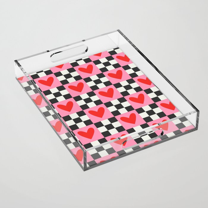 Red love heart checkered pattern Acrylic Tray Gallery Image 1