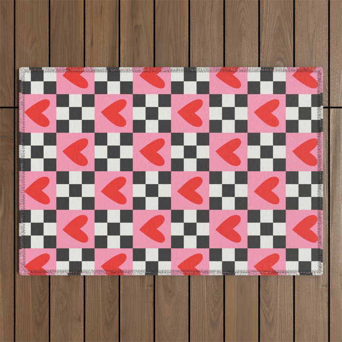 Red love heart checkered pattern Outdoor Rug Gallery Image 1