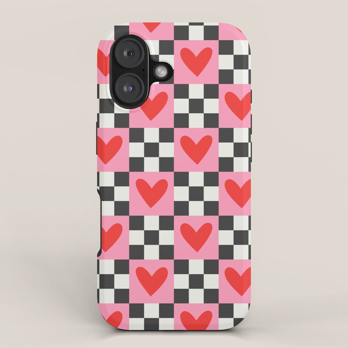 Red love heart checkered pattern iPhone Case Gallery Image 1