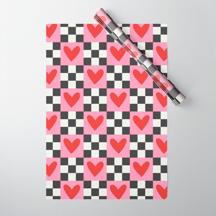 Red love heart checkered pattern Wrapping Paper Gallery Image 1