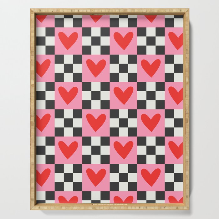 Red love heart checkered pattern Serving Tray Gallery Image 1