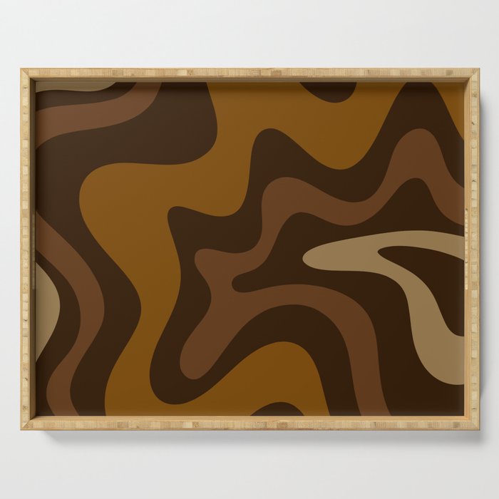 Retro Liquid Swirl Abstract Pattern Square in Brown Tones Serving Tray Gallery Image 1