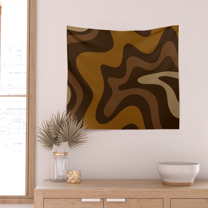 Retro Liquid Swirl Abstract Pattern Square in Brown Tones Wall Tapestry Gallery Image 2