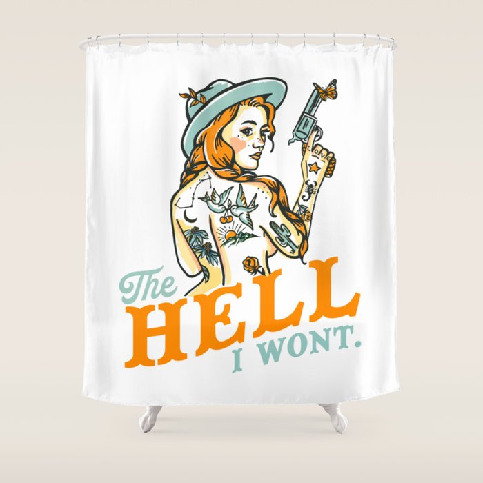 The Hell I Won't: Tattoo Redhead With A Revolver Shower Curtain Gallery Image 1