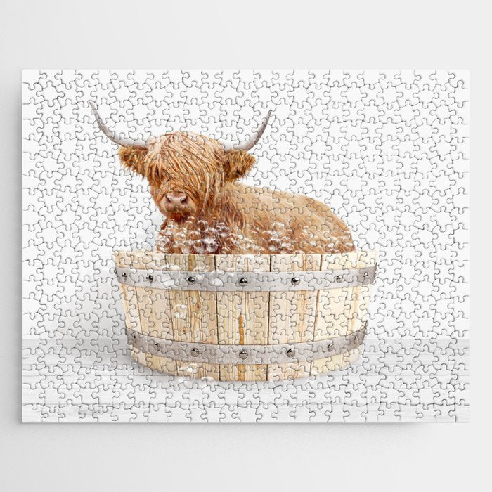 Highland Cow in a Wooden Bathtub, Cow Taking a Bath, Bathtub Animal Art Print By Synplus Jigsaw Puzzle Gallery Image 1