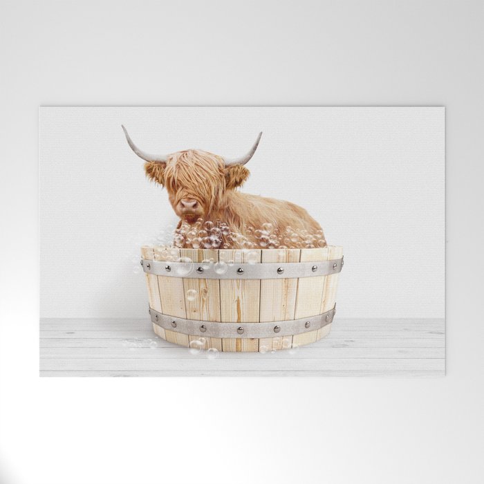 Highland Cow in a Wooden Bathtub, Cow Taking a Bath, Bathtub Animal Art Print By Synplus Welcome Mat Gallery Image 1