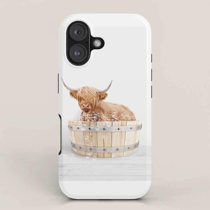 Highland Cow in a Wooden Bathtub, Cow Taking a Bath, Bathtub Animal Art Print By Synplus iPhone Case Gallery Image 1