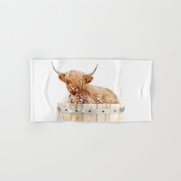 Highland Cow in a Wooden Bathtub, Cow Taking a Bath, Bathtub Animal Art Print By Synplus Bath Towel Gallery Image 1