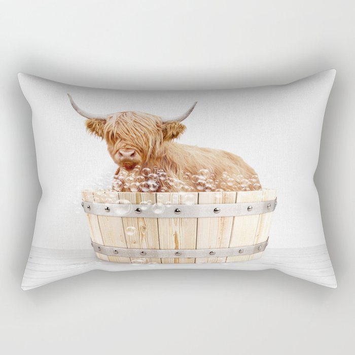 Highland Cow in a Wooden Bathtub, Cow Taking a Bath, Bathtub Animal Art Print By Synplus Rectangular Pillow Gallery Image 1