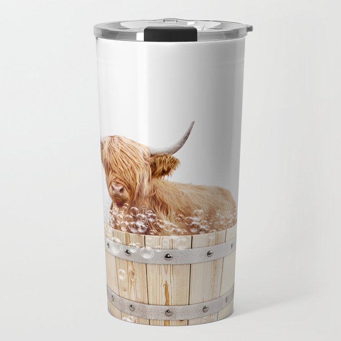 Highland Cow in a Wooden Bathtub, Cow Taking a Bath, Bathtub Animal Art Print By Synplus Travel Mug Gallery Image 1