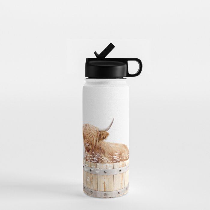 Highland Cow in a Wooden Bathtub, Cow Taking a Bath, Bathtub Animal Art Print By Synplus Water Bottle Gallery Image 1