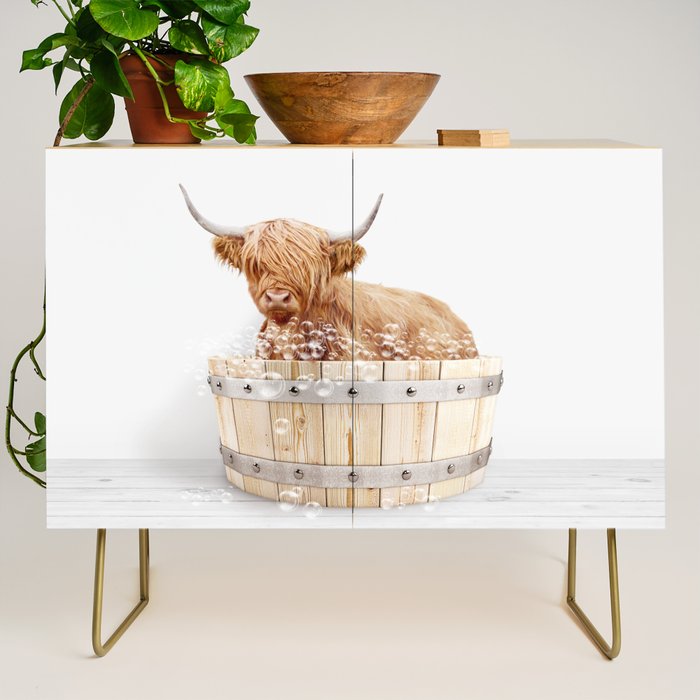 Highland Cow in a Wooden Bathtub, Cow Taking a Bath, Bathtub Animal Art Print By Synplus Credenza Gallery Image 1