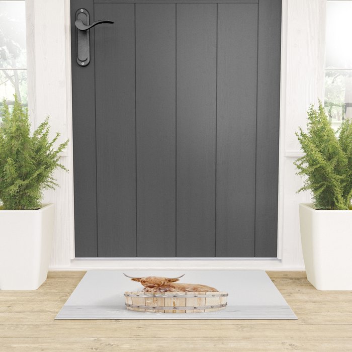 Highland Cow in a Wooden Bathtub, Cow Taking a Bath, Bathtub Animal Art Print By Synplus Welcome Mat Gallery Image 3