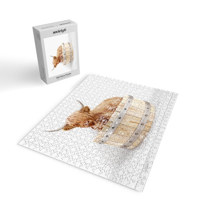 Highland Cow in a Wooden Bathtub, Cow Taking a Bath, Bathtub Animal Art Print By Synplus Jigsaw Puzzle Gallery Image 2
