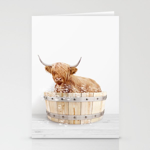 Highland Cow in a Wooden Bathtub, Cow Taking a Bath, Bathtub Animal Art Print By Synplus Stationery Card Gallery Image 1