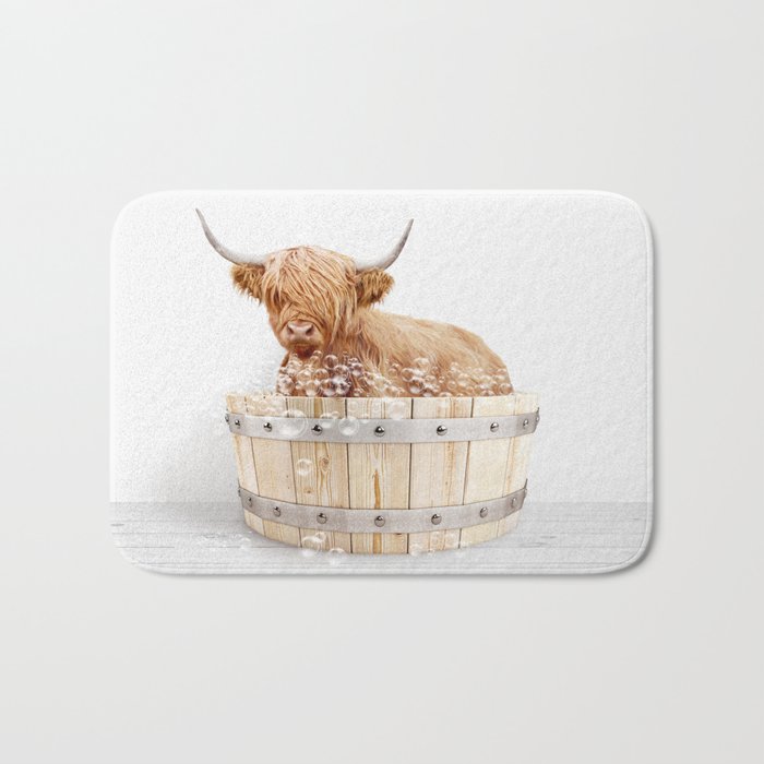 Highland Cow in a Wooden Bathtub, Cow Taking a Bath, Bathtub Animal Art Print By Synplus Bath Mat Gallery Image 1