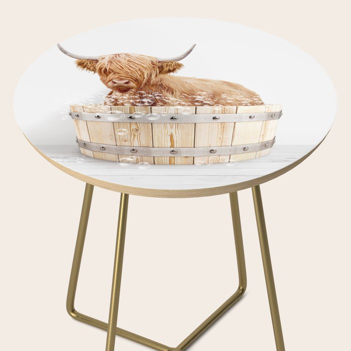 Highland Cow in a Wooden Bathtub, Cow Taking a Bath, Bathtub Animal Art Print By Synplus Side Table Gallery Image 2