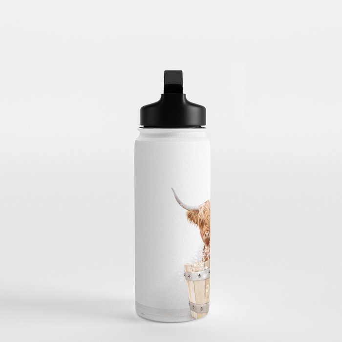 Highland Cow in a Wooden Bathtub, Cow Taking a Bath, Bathtub Animal Art Print By Synplus Water Bottle Gallery Image 3