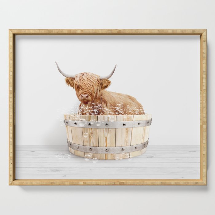 Highland Cow in a Wooden Bathtub, Cow Taking a Bath, Bathtub Animal Art Print By Synplus Serving Tray Gallery Image 1