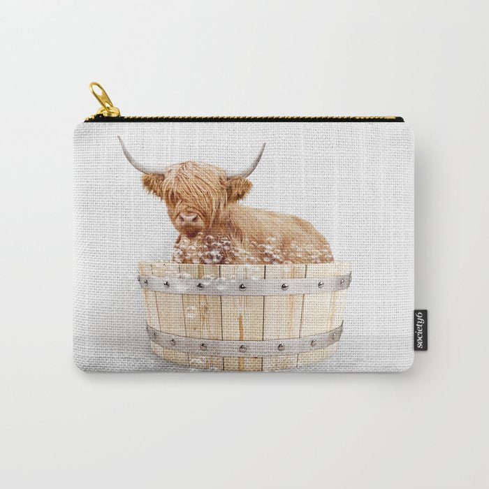 Highland Cow in a Wooden Bathtub, Cow Taking a Bath, Bathtub Animal Art Print By Synplus Carry All Pouch Gallery Image 1