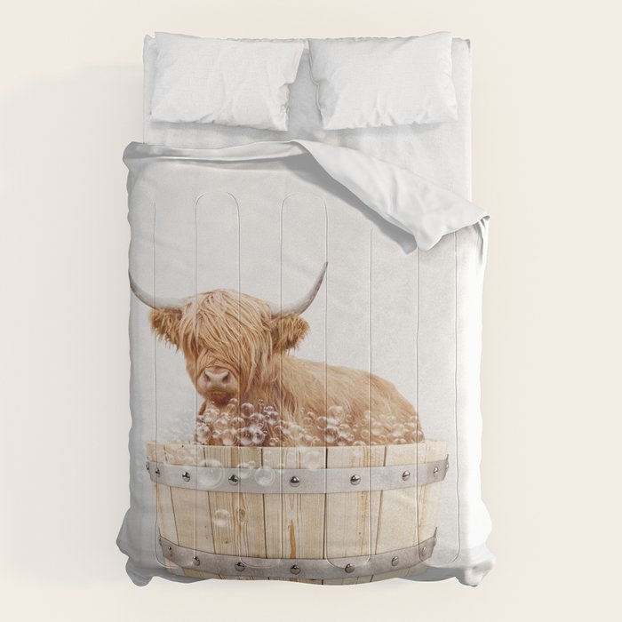 Highland Cow in a Wooden Bathtub, Cow Taking a Bath, Bathtub Animal Art Print By Synplus Comforter Gallery Image 6