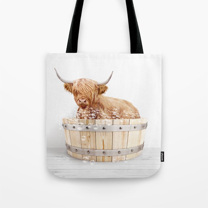 Highland Cow in a Wooden Bathtub, Cow Taking a Bath, Bathtub Animal Art Print By Synplus Tote Bag Gallery Image 1