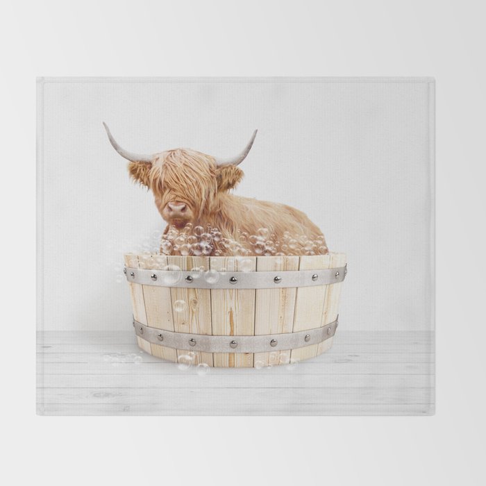 Highland Cow in a Wooden Bathtub, Cow Taking a Bath, Bathtub Animal Art Print By Synplus Throw Blanket Gallery Image 2
