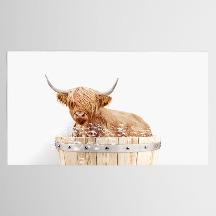 Highland Cow in a Wooden Bathtub, Cow Taking a Bath, Bathtub Animal Art Print By Synplus Tablecloth Gallery Image 2