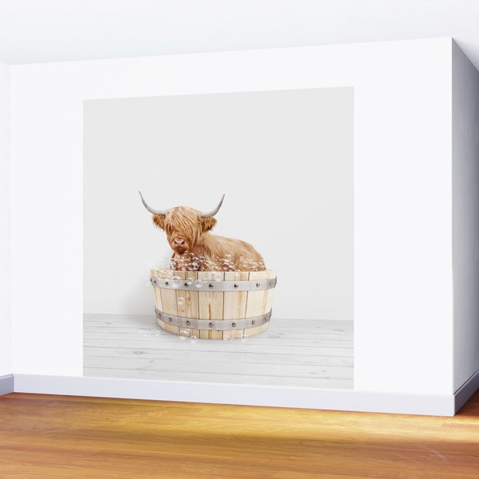 Highland Cow in a Wooden Bathtub, Cow Taking a Bath, Bathtub Animal Art Print By Synplus Wall Mural Gallery Image 2