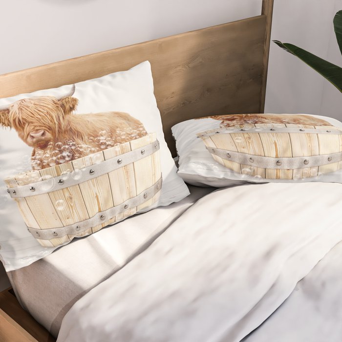 Highland Cow in a Wooden Bathtub, Cow Taking a Bath, Bathtub Animal Art Print By Synplus Pillow Sham Gallery Image 2