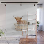 Highland Cow in a Wooden Bathtub, Cow Taking a Bath, Bathtub Animal Art Print By Synplus Wall Mural Gallery Image 1