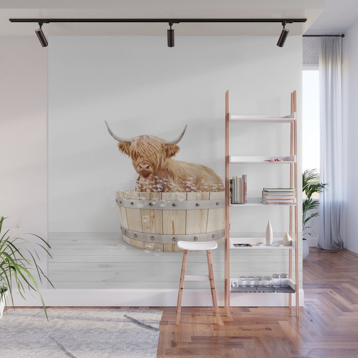 Highland Cow in a Wooden Bathtub, Cow Taking a Bath, Bathtub Animal Art Print By Synplus Wall Mural Gallery Image 1