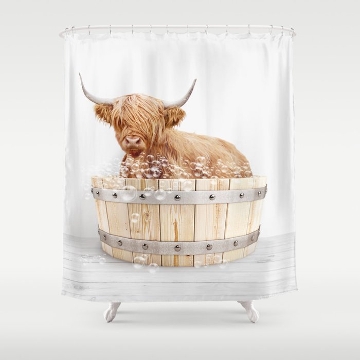 Highland Cow in a Wooden Bathtub, Cow Taking a Bath, Bathtub Animal Art Print By Synplus Shower Curtain Gallery Image 1