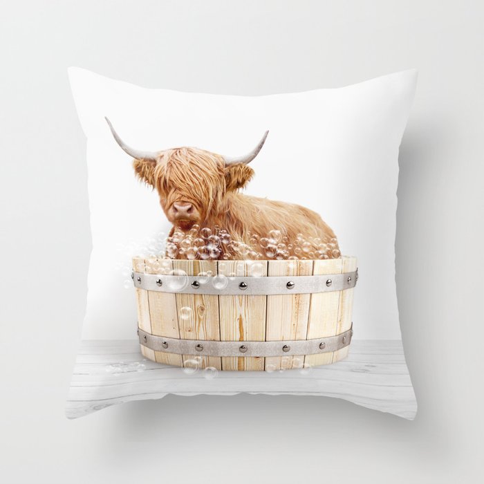 Highland Cow in a Wooden Bathtub, Cow Taking a Bath, Bathtub Animal Art Print By Synplus Throw Pillow Gallery Image 6