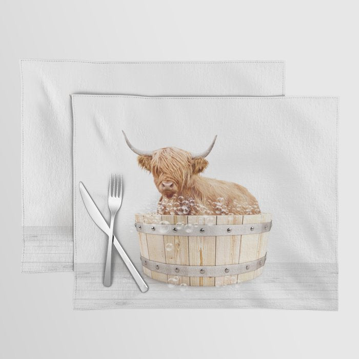 Highland Cow in a Wooden Bathtub, Cow Taking a Bath, Bathtub Animal Art Print By Synplus Placemat Gallery Image 1