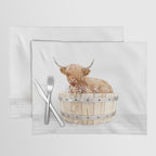 Highland Cow in a Wooden Bathtub, Cow Taking a Bath, Bathtub Animal Art Print By Synplus Placemat Gallery Image 1
