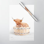Highland Cow in a Wooden Bathtub, Cow Taking a Bath, Bathtub Animal Art Print By Synplus Wrapping Paper Gallery Image 1