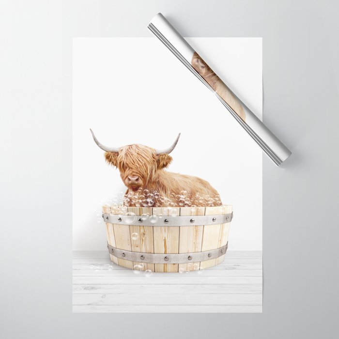 Highland Cow in a Wooden Bathtub, Cow Taking a Bath, Bathtub Animal Art Print By Synplus Wrapping Paper Gallery Image 1