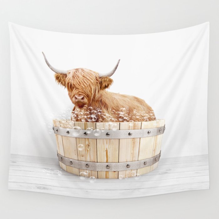 Highland Cow in a Wooden Bathtub, Cow Taking a Bath, Bathtub Animal Art Print By Synplus Wall Tapestry Gallery Image 1