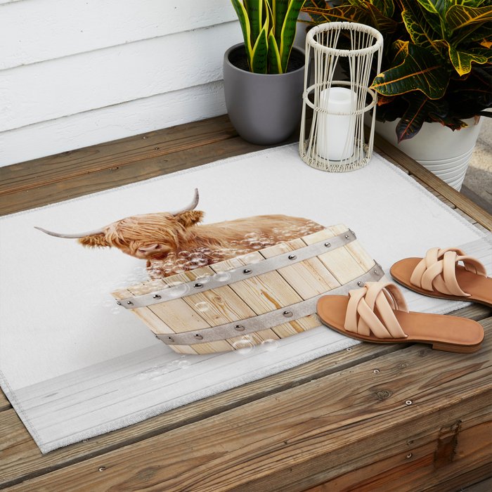 Highland Cow in a Wooden Bathtub, Cow Taking a Bath, Bathtub Animal Art Print By Synplus Outdoor Rug Gallery Image 2